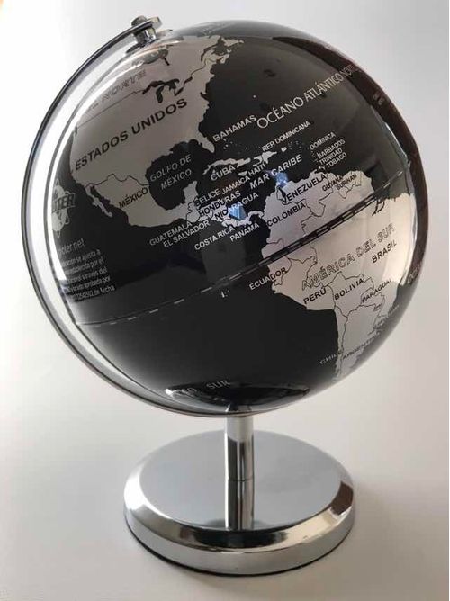 GLOBO TERRÁQUEO 14cm Ø base cromada NEGRO Y PLATEADO